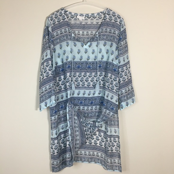 J.Jill Tunic Top Overlay Size Medium Blue Floral Soft V-Neck Long Flowy Boho - Picture 5 of 9
